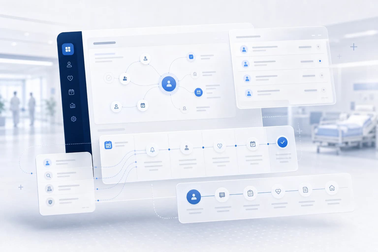 Abstract hospital operations interface for appointments, follow-up, and patient communication