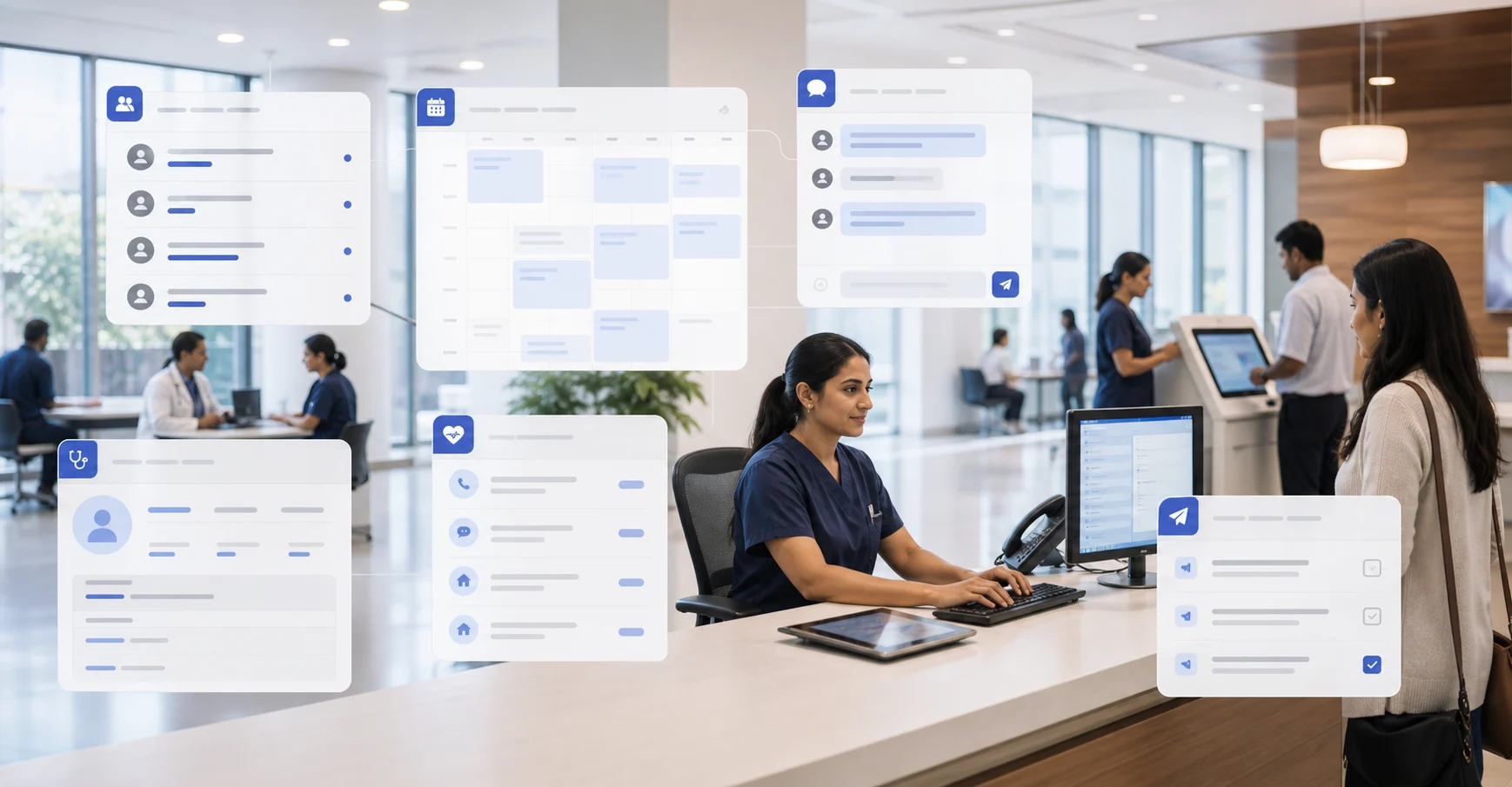 Modern hospital reception with abstract check-in, appointments, messaging, referrals, and outreach interfaces