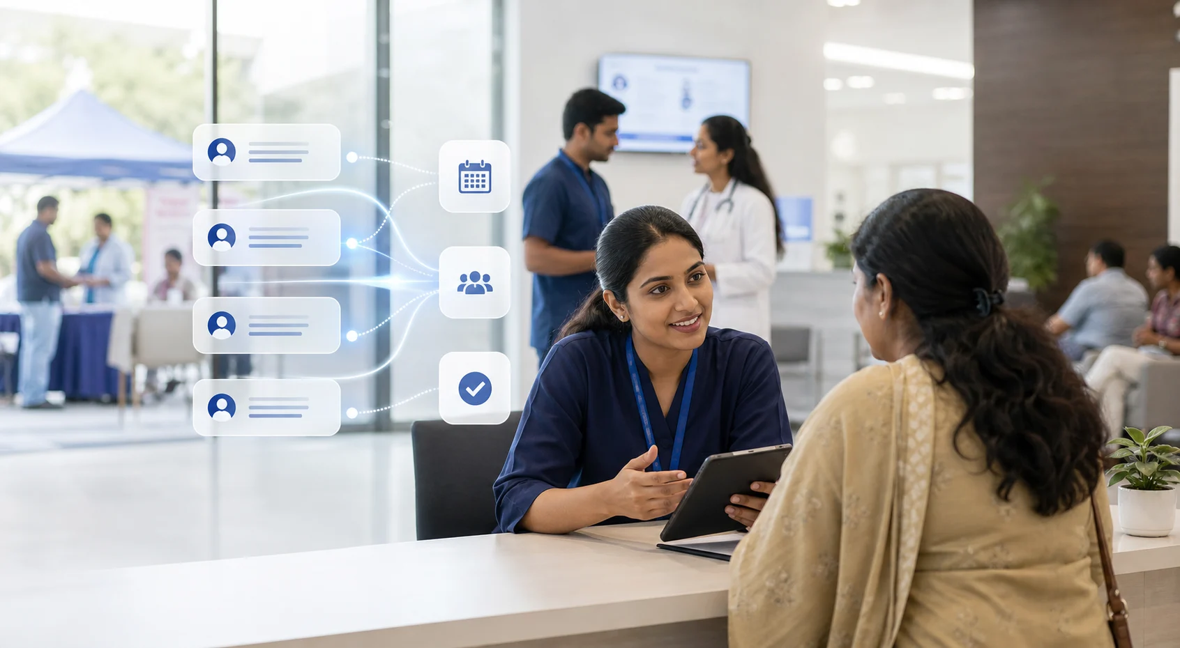 Hospital outreach and referral intake scene with abstract patient follow-up interface